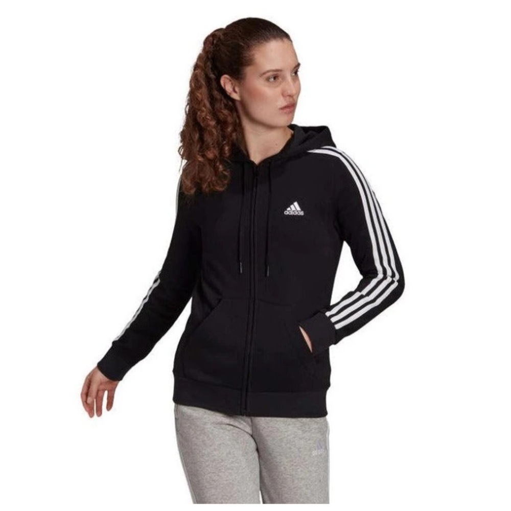 ADIDAS WOMEN'S BLACK ESSENTIALS FLEECE 3-STRIPES FULL ZIP HOODIE